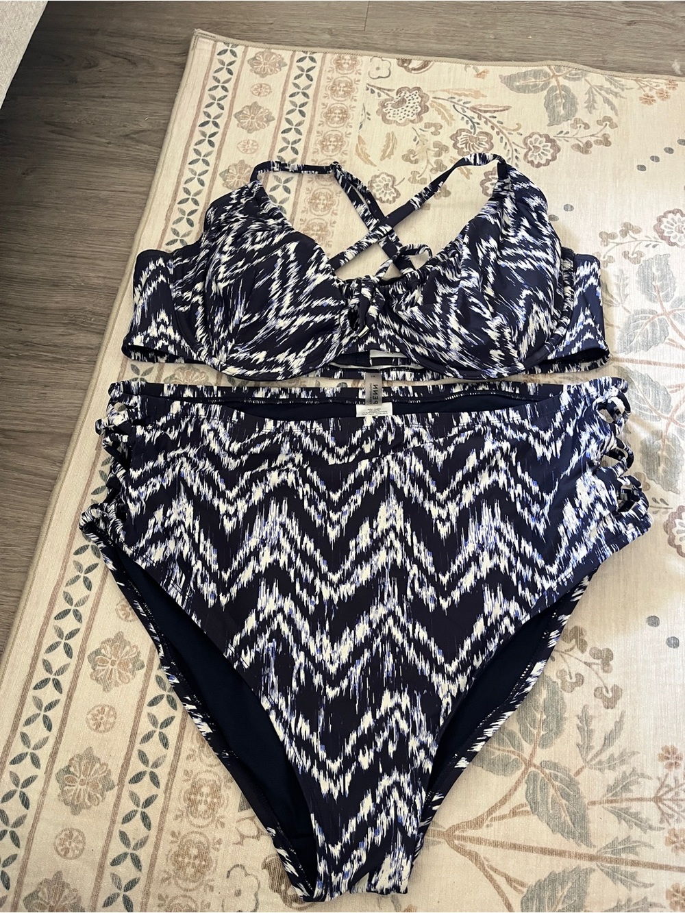 Penningtons Navy and White Zigzag High-Waist One-Piece Swimsuit